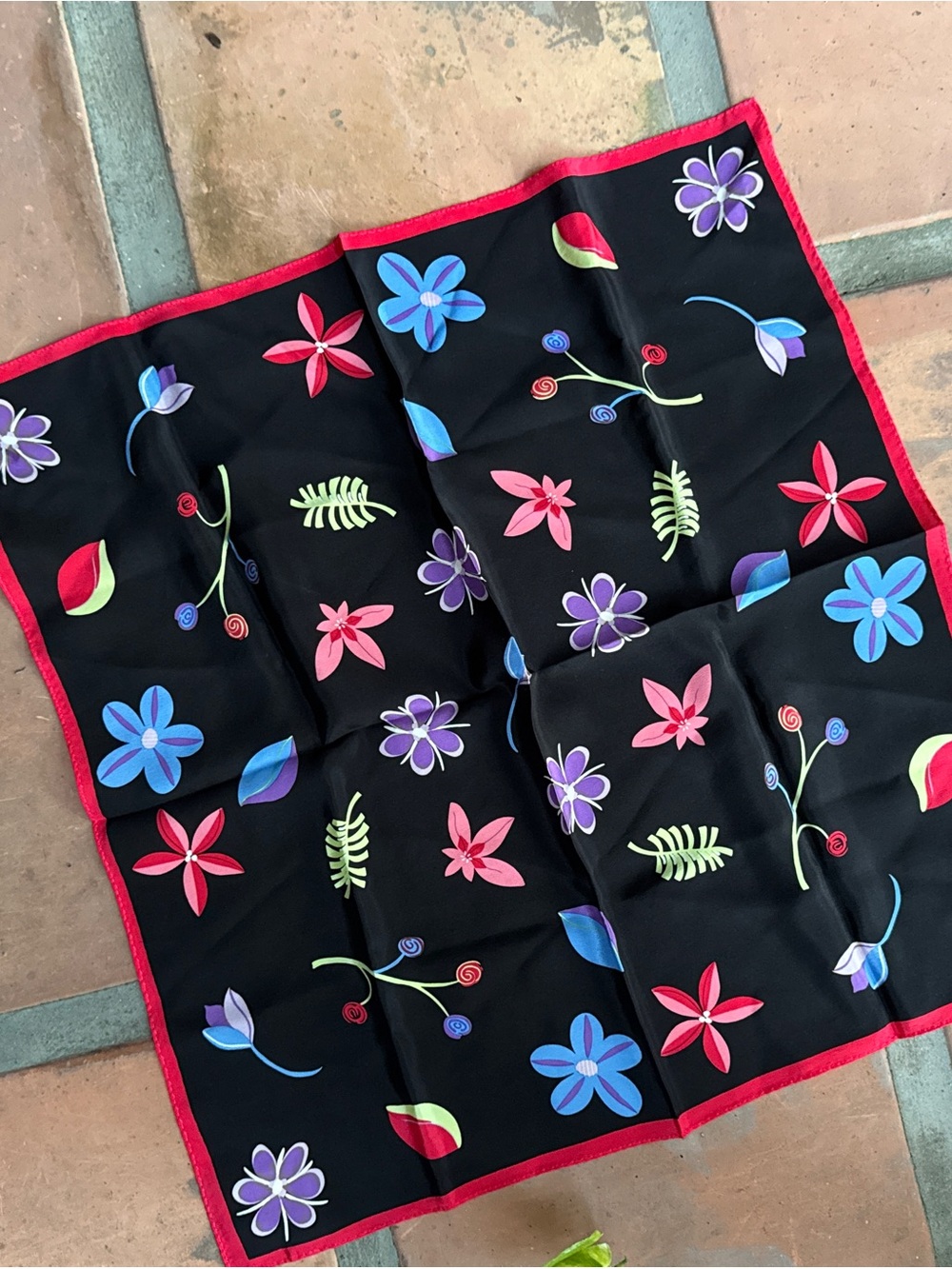 21” Floral Silk Scarf - Black with Multicolor Flowers